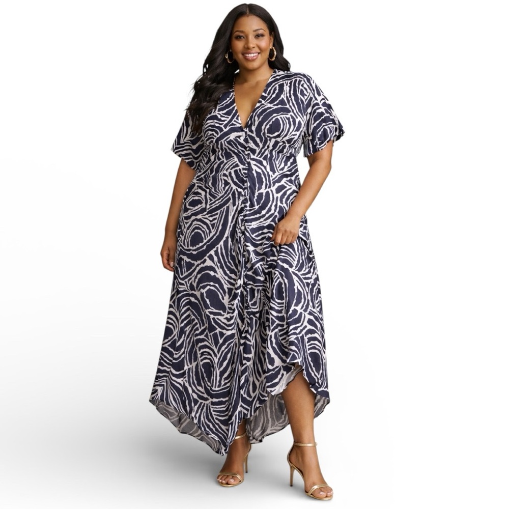 Anthropologie Short-Sleeve V-Neck Button-Front Maxi/Midi Dress Navy White Sz 22W